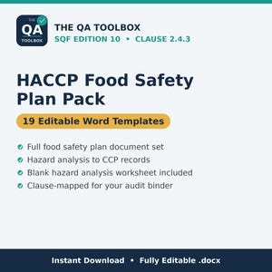 Pacchetto di modelli per il piano di sicurezza alimentare HACCP edizione SQF 10, 19 documenti Word modificabili, preparazione all'audit (clausola 2.4.3), analisi dei rischi, download immediato.