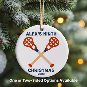 Personalized Ceramic Christmas Ornament w/ Lacrosse Sticks Makes Great Keepsake; Family Custom Christmas Ornament; Sports Christmas Ornament