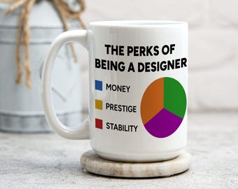 Op de afbeelding: Witte keramische mok met de tekst "THE PERKS OF BEING A DESIGNER" en een cirkeldiagram dat geld, prestige en stabiliteit illustreert. De mok staat op een kleine, ronde stenen onderzetter.