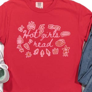 Book Lover Shirt, Hot Girls Read Shirt, Scrapbook Aesthetic Tee, Retro 90s Doodle Tee, Pink & Red Bookish Aesthetic Top, Cozy Reader Shirt Red