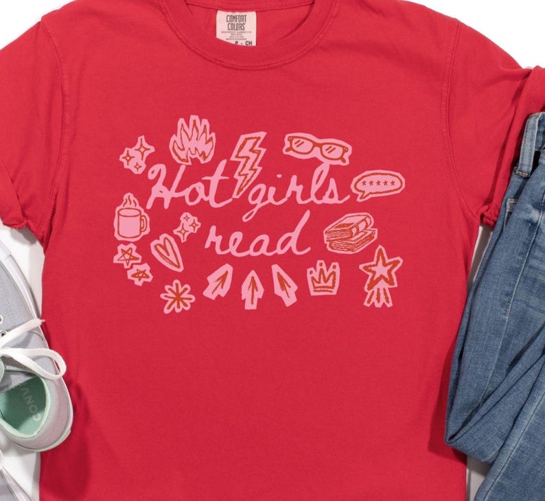 Book Lover Shirt, Hot Girls Read Shirt, Scrapbook Aesthetic Tee, Retro 90s Doodle Tee, Pink & Red Bookish Aesthetic Top, Cozy Reader Shirt Red