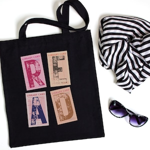 Retro Library Card Tote Bag, Vintage READ Bookish Tote, Distressed Stamp Style Reading Bag, Teacher Librarian Gift, Book Lover Accessory