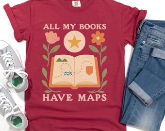 Camiseta "Todos mis libros tienen mapas", camiseta "Lector de fantasía", camiseta "Colores cómodos para los libros", camiseta "Fantasía desgastada", regalo "Romantasy", camiseta "Mapa del reino"