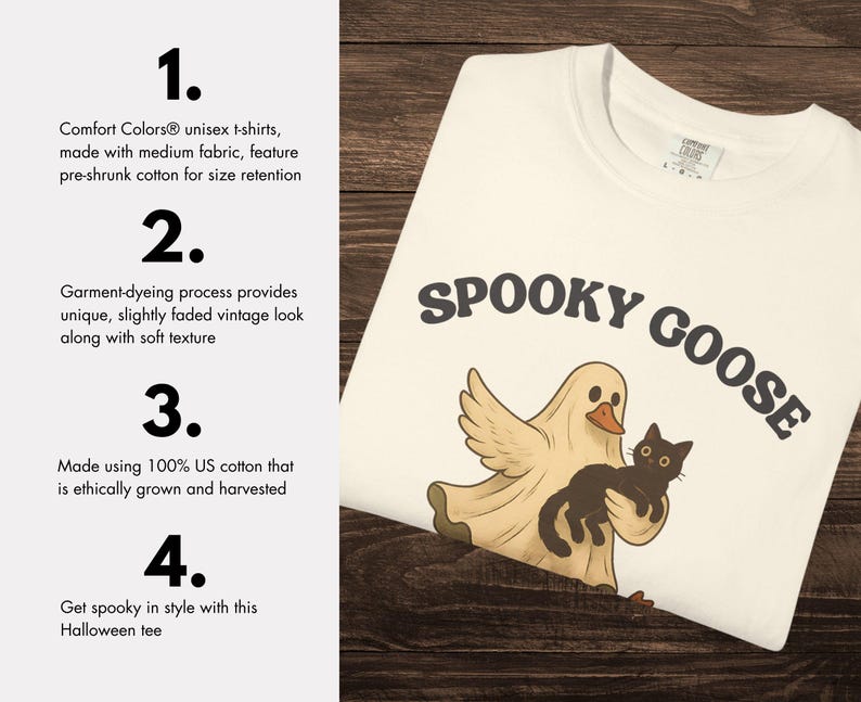 May include: A white Comfort Colors t-shirt with the words "SPOOKY GOOSE" in dark brown. The shirt features a cartoon ghost with a duck's beak and a black cat. The shirt is made of medium fabric and pre-shrunk cotton.