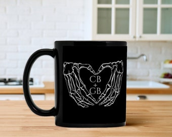 Skeleton Heart Mug with Initials; Personalized Skeleton Coffee Mug Makes Great Gift for Goth or Horror Fan Valentine or Anniversary; Custom
