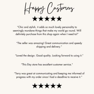 May include: Five-star reviews for an Etsy shop. The reviews highlight the seller's communication, shipping speed, product quality, and customer service. The text includes quotes from happy customers.