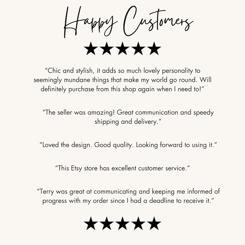 May include: Five-star reviews for an Etsy shop. The reviews highlight the seller's communication, shipping speed, product quality, and customer service. The text includes quotes from happy customers.