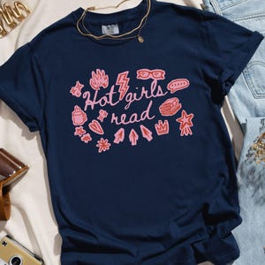 Book Lover Shirt, Hot Girls Read Shirt, Scrapbook Aesthetic Tee, Retro 90s Doodle Tee, Pink & Red Bookish Aesthetic Top, Cozy Reader Shirt True Navy