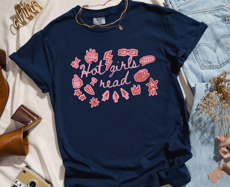 Book Lover Shirt, Hot Girls Read Shirt, Scrapbook Aesthetic Tee, Retro 90s Doodle Tee, Pink & Red Bookish Aesthetic Top, Cozy Reader Shirt True Navy