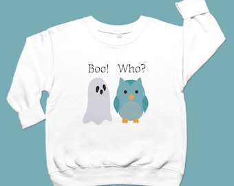 Cute Halloween Crewneck Sweatshirt with Ghost and Owl, Toddler/Kid Shirt with Pink/Blue Owl, Retro Style Design, Soft Fleece Interior, White