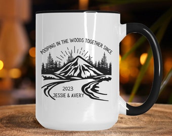 Funny camping mug for couples who love the outdoors; Gift for campers or hikers; Personalized couple campfire mug; Rustic nature coffee cup