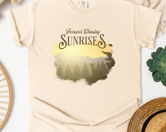 Sunrise Shirt w/ Nature Scene is Perfect Gift for Outdoorsy Early Riser; Summer Vibe Shirt; Nature Lover Top; Unisex Gift for Hiker, Camper
