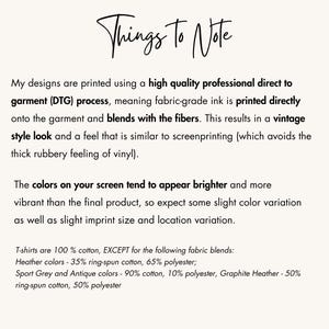 May include: A cream-colored page with the handwritten text "Things to Note" at the top. The text describes the printing process, color variations, and fabric blends used for t-shirts, including cotton and polyester.