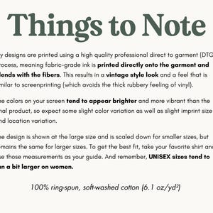 May include: A cream-colored background displays text in dark green, stating "Things to Note". The text describes the printing method, colour variations, and sizing. It also notes the fabric is 100% ring-spun, soft-washed cotton (6.1 oz/yd&sup2;).