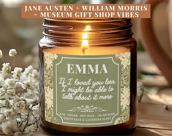 Jane Austen Decorative Candles w/ William Morris Print, Emma Book Nook Decor, Book Club Hostess Gift, Book Lover Party Favors Candle