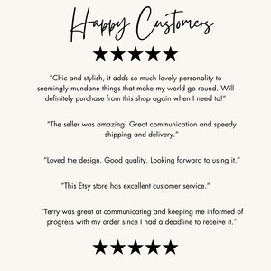 May include: Five-star reviews for an Etsy shop. The reviews highlight the seller's communication, shipping speed, product quality, and customer service. The text includes quotes from happy customers.