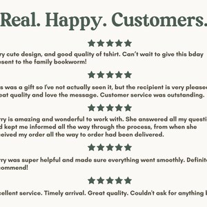 May include: A cream-coloured background displays dark green text: "Real. Happy. Customers." with customer reviews. The reviews feature star ratings and positive comments about product quality and customer service.