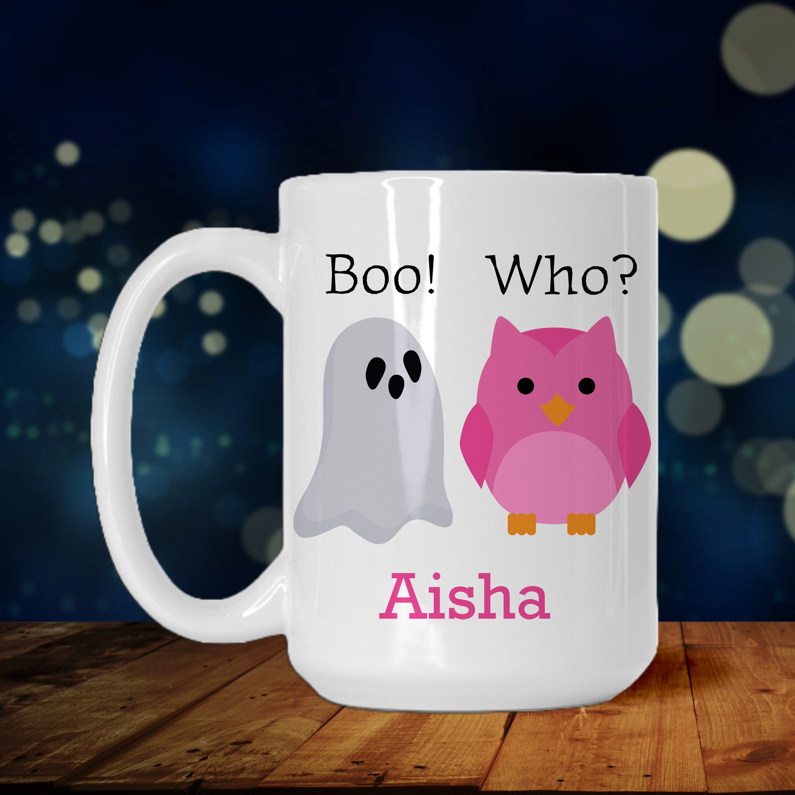Personalized Halloween Mug, Pink Owl Mug or Blue Owl Mug, Retro Style Ghost Mug, Vintage Style Hallo