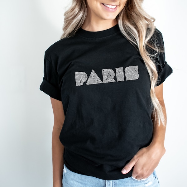 Paris Shirt Combines Modern Geometric Text w/ Vintage Paris City Map; Girl's Trip Paris Vacation T-shirts; Stylish Paris Lover Gift