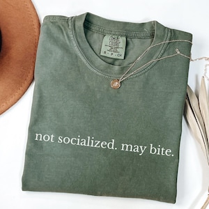 以下が含まれることがあります： 「not socialized. may bite.」の文字が入ったオリーブグリーンのTシャツ。 金色のペンダントが付いたネックレスがシャツの上に置かれています。 シャツは折りたたまれ、白い面に置かれ、背景には茶色の帽子があります。