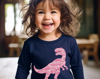 Cute Pink Camo Toddler Dinosaur Shirt, Long Sleeve T-Rex T-shirt, Dinosaur Birthday Shirt, Dino Lover Gift, Kids Dinosaur Tee Sizes 2T-6T