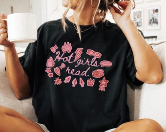 Book Lover Shirt, Hot Girls Read Shirt, Scrapbook Aesthetic Tee, Retro 90s Doodle Tee, Pink & Red Bookish Aesthetic Top, Cozy Reader Shirt