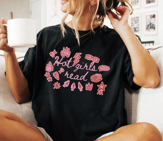 Book Lover Shirt, Hot Girls Read Shirt, Scrapbook Aesthetic Tee, Retro 90s Doodle Tee, Pink & Red Bookish Aesthetic Top, Cozy Reader Shirt