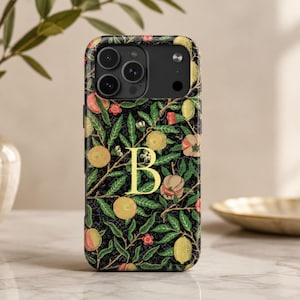 Telefoonhoesje met monogram, preppy bloemenstijl van William Morris, telefoonhoesje met initialen, cadeau voor tienermeisje, compatibel met iPhone, gepersonaliseerd cadeau voor kamergenoot