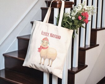 Funny Christmas Tote Bag w/Sheep & Fleece Navidad Wordplay Makes Great Gift, Gift Bag, or Giveaway; Cute Christmas Tote; Holiday Canvas Bag