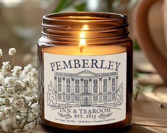 Pride and Prejudice Candle, Pemberley Inn & Tearoom Decorative Candle, Jane Austen Gifts, Book Nook Decor, Book Club Reader/Hostess Favor