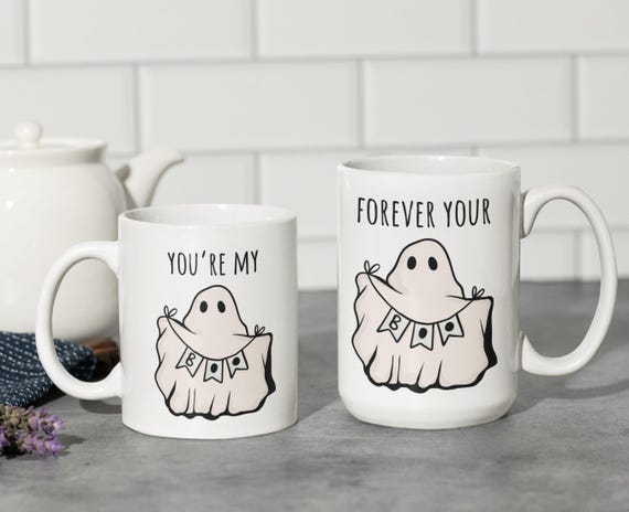 Cute Ghost Mug for Couples, Retro Halloween Mug, Matching Couple Gift for Ghost Lovers, Gift for Your Boo, Spooky Aesthetics Bookshelf Mug