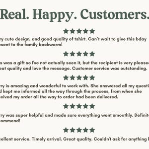 May include: A cream-colored graphic with the text "Real. Happy. Customers." and customer reviews. The reviews include star ratings and comments about product quality, customer service, and timely delivery.