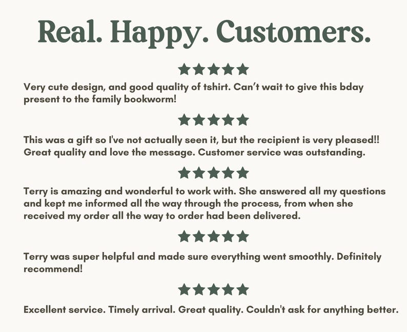 May include: A cream-colored graphic with the text "Real. Happy. Customers." and customer reviews. The reviews include star ratings and comments about product quality, customer service, and timely delivery.