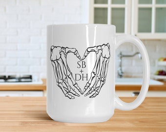 Skeleton Heart Mug with Initials; Personalized Skeleton Coffee Mug Makes Great Gift for Goth or Horror Fan Valentine or Anniversary; Custom