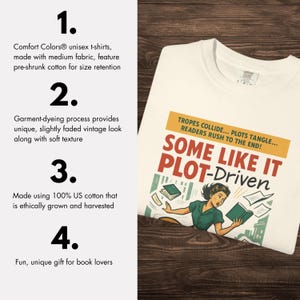 May include: Off-white unisex t-shirt with the slogan "SOME LIKE IT PLOT-Driven" in red and green. The shirt has a retro illustration of a woman with books. Made from medium fabric and pre-shrunk cotton, it has a slightly faded vintage look.