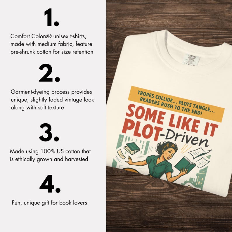 May include: Off-white unisex t-shirt with the slogan "SOME LIKE IT PLOT-Driven" in red and green. The shirt has a retro illustration of a woman with books. Made from medium fabric and pre-shrunk cotton, it has a slightly faded vintage look.