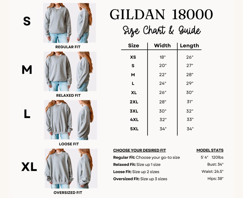 Puede incluir: Una tabla de tallas y una gu&iacute;a para las sudaderas Gildan 18000. La tabla incluye tallas XS a 5XL, con medidas de ancho y largo en pulgadas. La gu&iacute;a tambi&eacute;n muestra c&oacute;mo cambia el ajuste con las opciones Regular, Relaxed, Loose y Oversized.