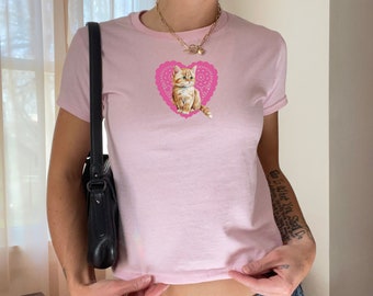 Aesthetic Baby Tee featuring Kitten and Heart Graphic for Women; Y2K Fashion Crewneck Baby Tee Perfect Retro Gift; Coquette Graphic T-shirt
