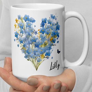 Beautiful Forget-me-not Floral Mug, Heart Floral Mug, Heart Floral Tea Cup, Flower Tea Cup, White Glossy Mug, Gift for her, Love, Butterfly