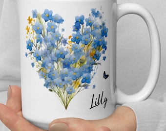 Beautiful Forget-me-not Floral Mug, Heart Floral Mug, Heart Floral Tea Cup, Flower Tea Cup, White Glossy Mug, Gift for her, Love, Butterfly