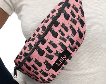 Pink Black Cat Fanny Pack for Women Personalized Girls Teens Kids Back To School Bag Girl Set Crossbody Bags for Women Cat Mom Dad Cat Gift