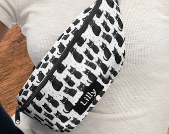 Lovely Personalized Black Cat Pattern Fanny Pack for Kids Teens Women Back to School Girl Bag Set Black Cat Crossbody Bag Cat Mom Dad Gift