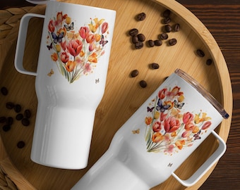 Beautiful Tulip Travel mug with a handle, Floral Travel Mug, Butterfly Mug, Insulted, Made with stainless steel, BPA - free plastic,