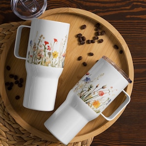 Meadow Travel Mug, Travel mug with a handle, Made with stainless steel, BPA - free plastic, Insulated, Coffee Travel Mug, Flower Travel Mug
