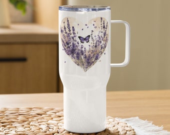 Beautiful Lavender Heart Travel Mug with a handle, Insulated, Made with stainless steel, BPA - free plastic, Durable, Travel Mug, Floral Mug