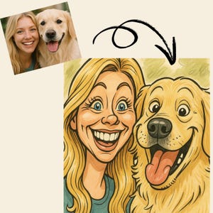Aangepast karikatuurportret huisdiereigenaar van foto grappige digitale download voor honden- of kattenliefhebbers Gepersonaliseerde cartoon kunstcadeau voor koppels en huisdieren