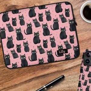 Personalized Pink Black Cat Laptop Case Pattern Laptop Sleeve Back to School Set for Girls Teens Customizable Front Solid Black Rear