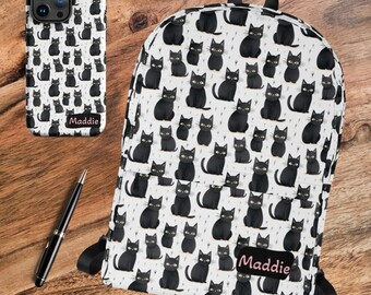 Lovable Personalized Black Cat Backpack, Pink or Any Other Color of the Name or Initials, Backpack for Women , Kids or Teenagers, Halloween