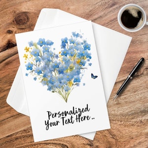 Carte de voeux personnalisée coeur myosotis, carte de remerciement coeur floral, carte je t'aime, symbole du coeur pour elle, carte de Saint-Valentin