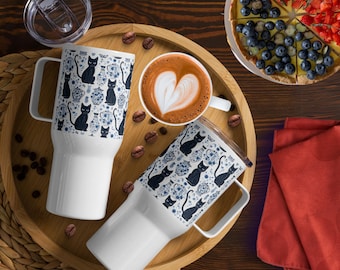 Cat Travel Mug, Travel Mug with a handle, Blue Cat Travel Mug, Insulated, Made with stainless steel, BPA-free plastic, Coffee Travel Mug